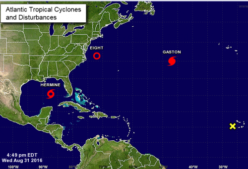 Gaston and 8 are just memories. Hermine is on the way, but heading inland. Here's hoping that little yellow X just disappears. (Yellow means it has a less than 40% chance of developing.)